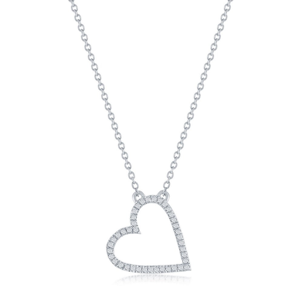 Sterling Silver, Open Heart Diamond Necklace - (40 Stones) Necklaces