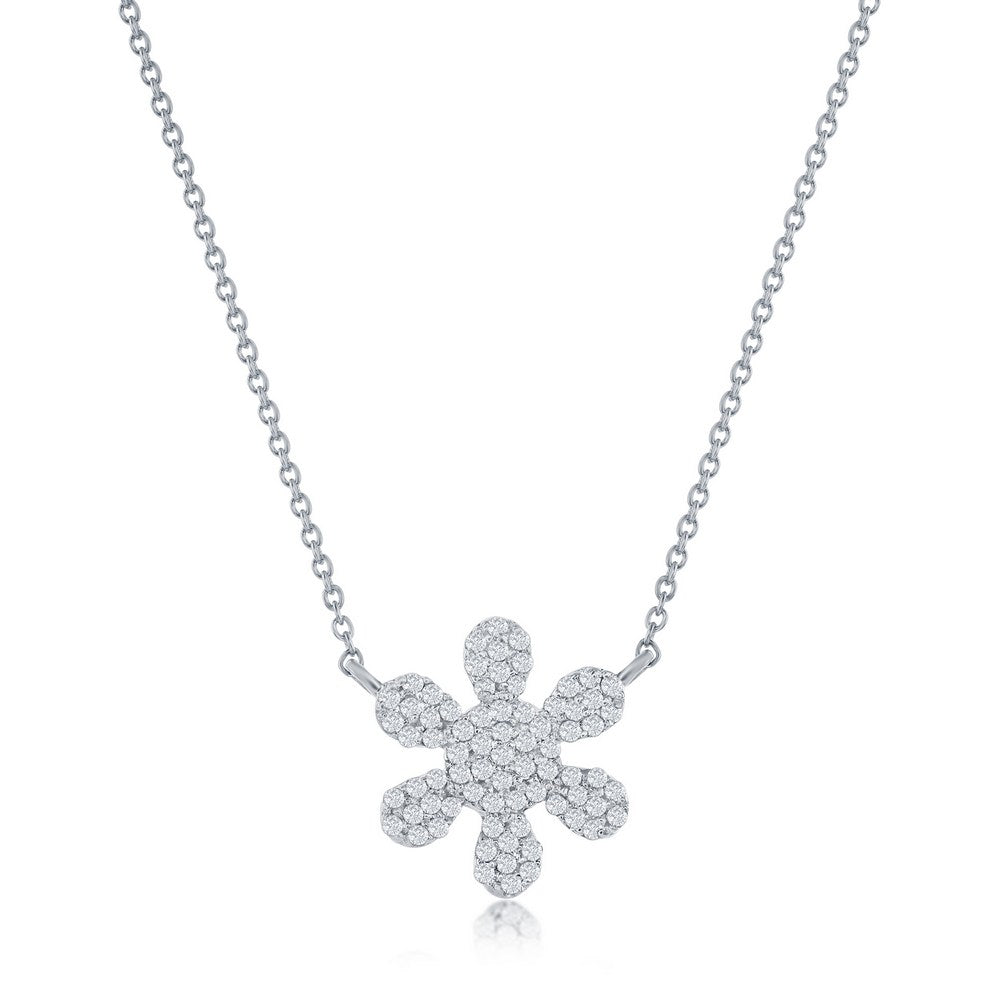 Sterling Silver, Flower Diamond Necklace - (74 Stones) Necklaces