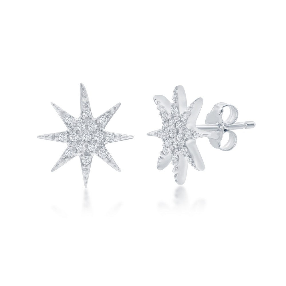 Sterling Silver, North Star Design Diamond Studs - (30 Stones) Earrings