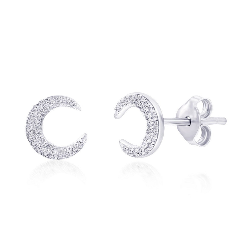 Sterling Silver Crescent Moon Diamond Stud Earrings - (50 Stones) Earrings