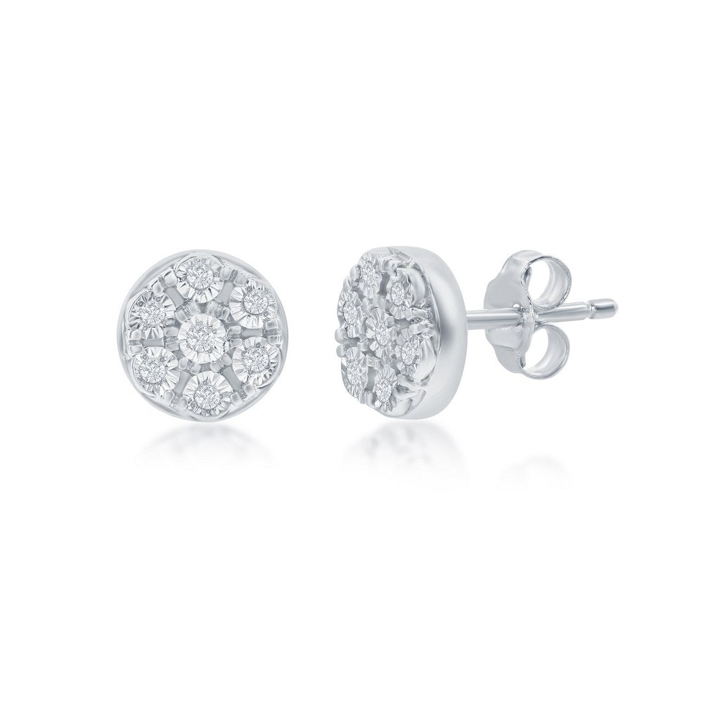 Sterling Silver, Cluster of Diamonds 5mm Studs - (14 Stones) Earrings