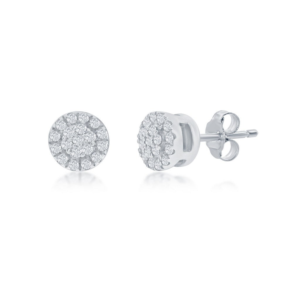 Sterling Silver, Round Halo Diamond 4mm Studs - (38 Stones) Earrings