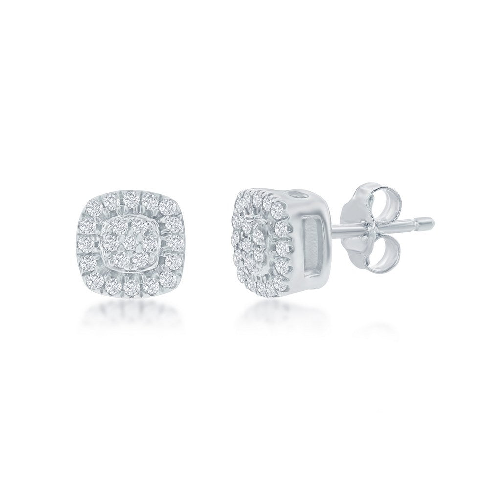 Sterling Silver, Square Halo Diamond Studs - (46 Stones) Earrings