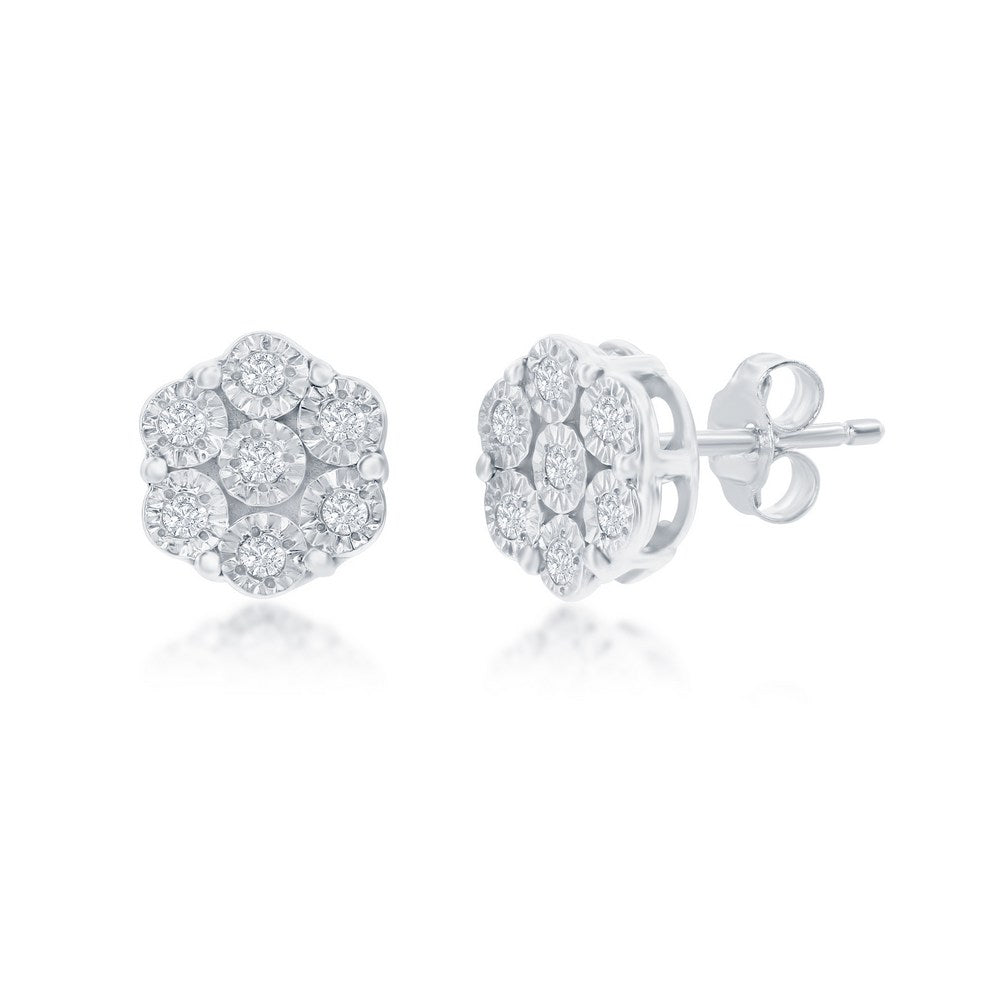 Sterling Silver, Flower Design Diamond Studs - (14 Stones) Earrings