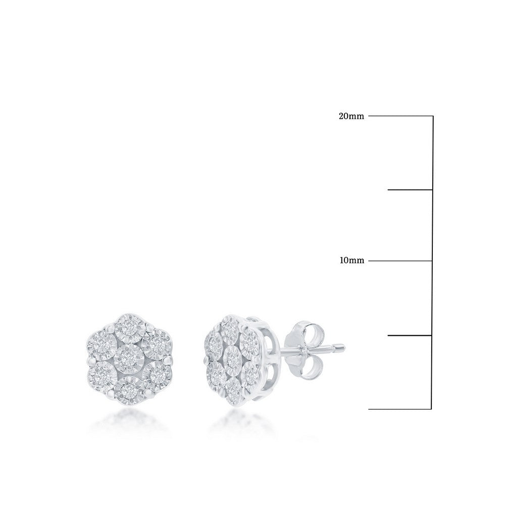 Sterling Silver, Flower Design Diamond Studs - (14 Stones) Earrings