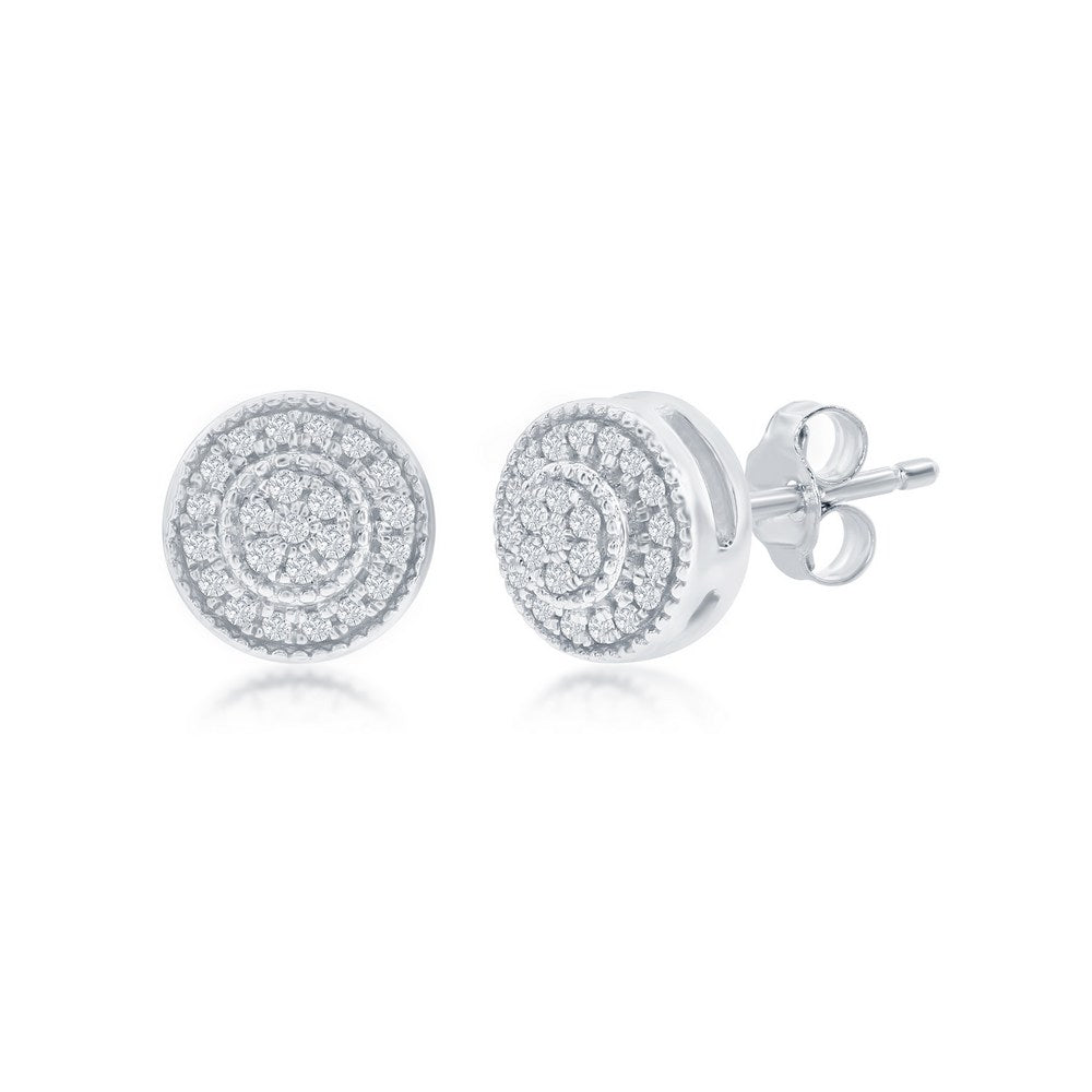 Sterling Silver, Round Halo Diamond Stud Earrings - (46 Stones) Earrings