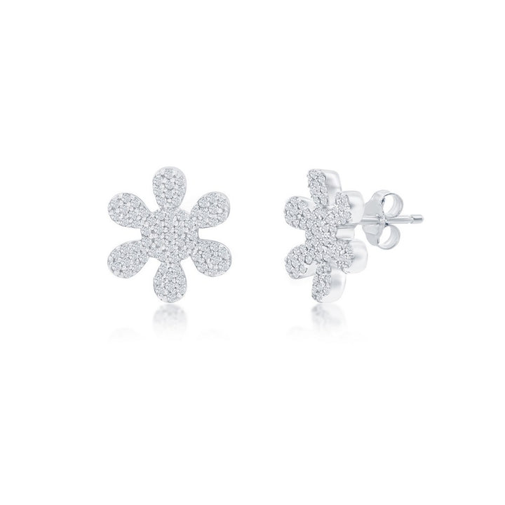 Sterling Silver, Flower Diamond Stud Earrings - (74 Stones) Earrings