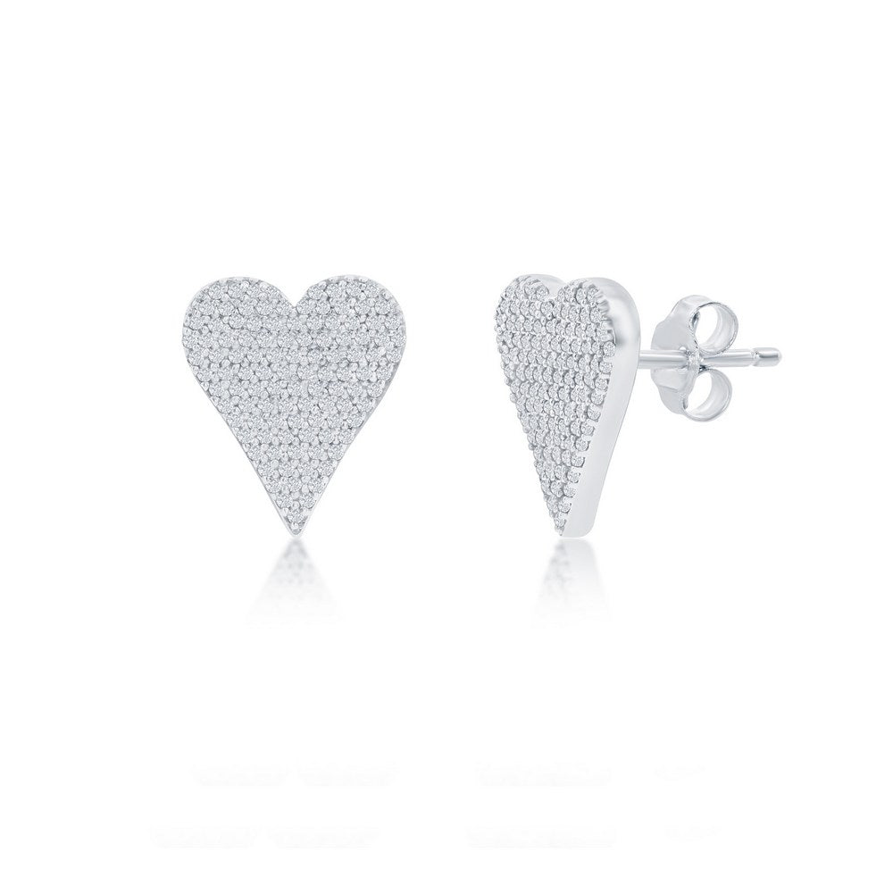 Sterling Silver, Heart Design Diamond Stud Earrings - (118 Stones) Earrings