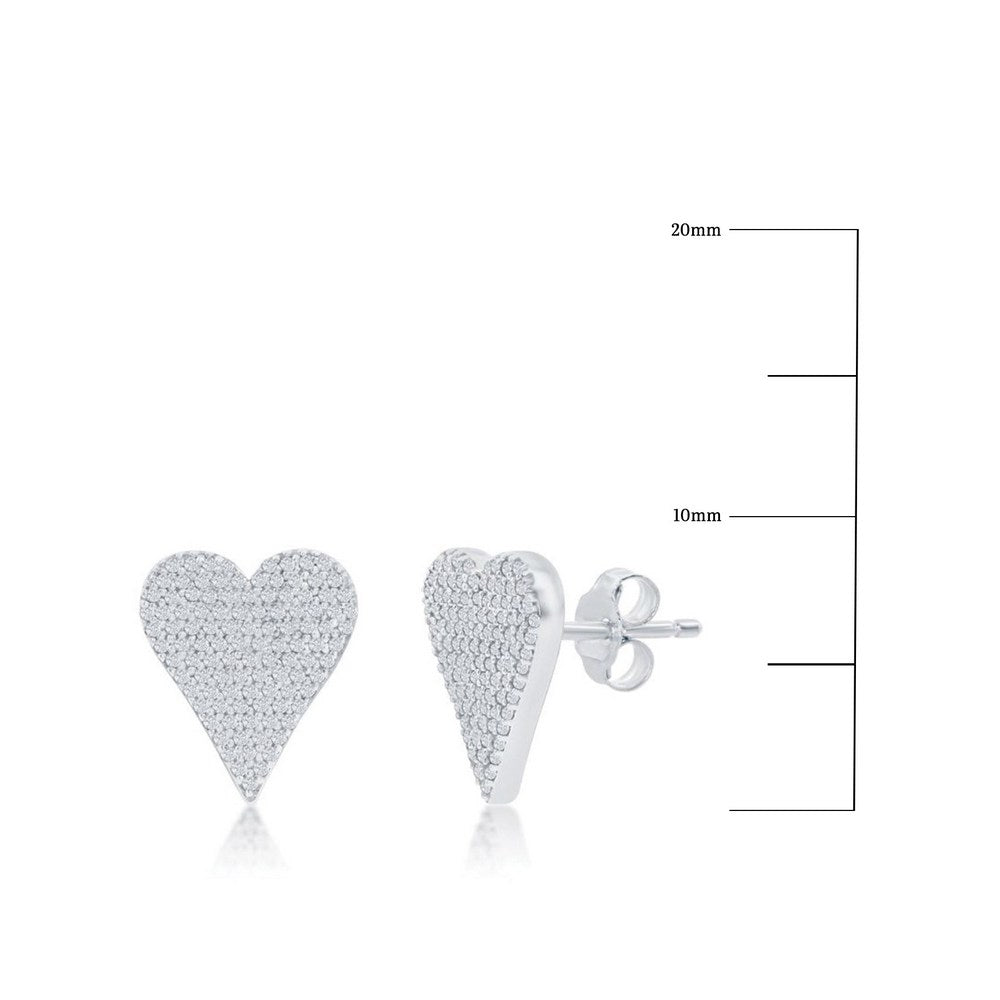 Sterling Silver, Heart Design Diamond Stud Earrings - (118 Stones) Earrings