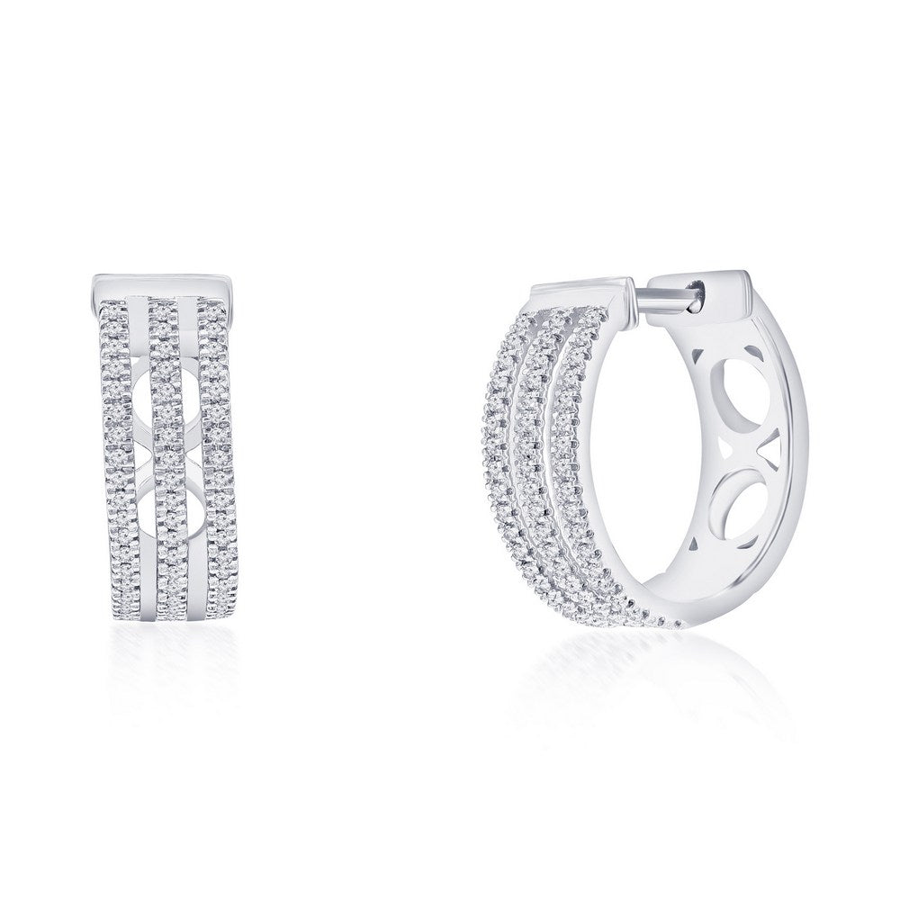 Sterling Silver, 13mm Triple Row Diamond Hoop Earrings - (108 Stones) Earrings