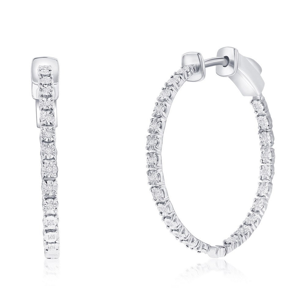 Sterling Silver, 26mm Inside-Outside Diamond Hoop Earrings - (48 Stones) Earrings