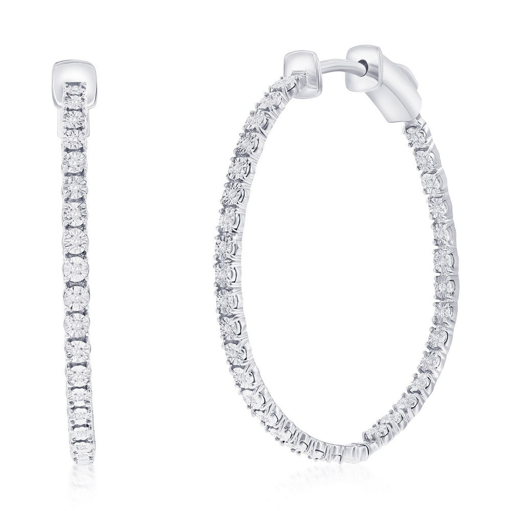 Sterling Silver, 32mm Inside-Outside Diamond Hoop Earrings - (66 Stones) Earrings