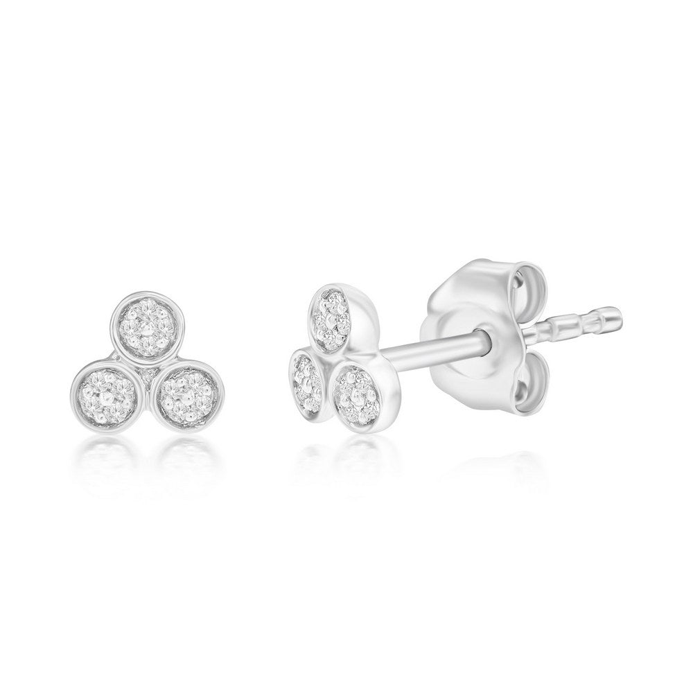 Sterling Silver, Triple Cluster of Diamond Studs - (24 Stones) Earrings