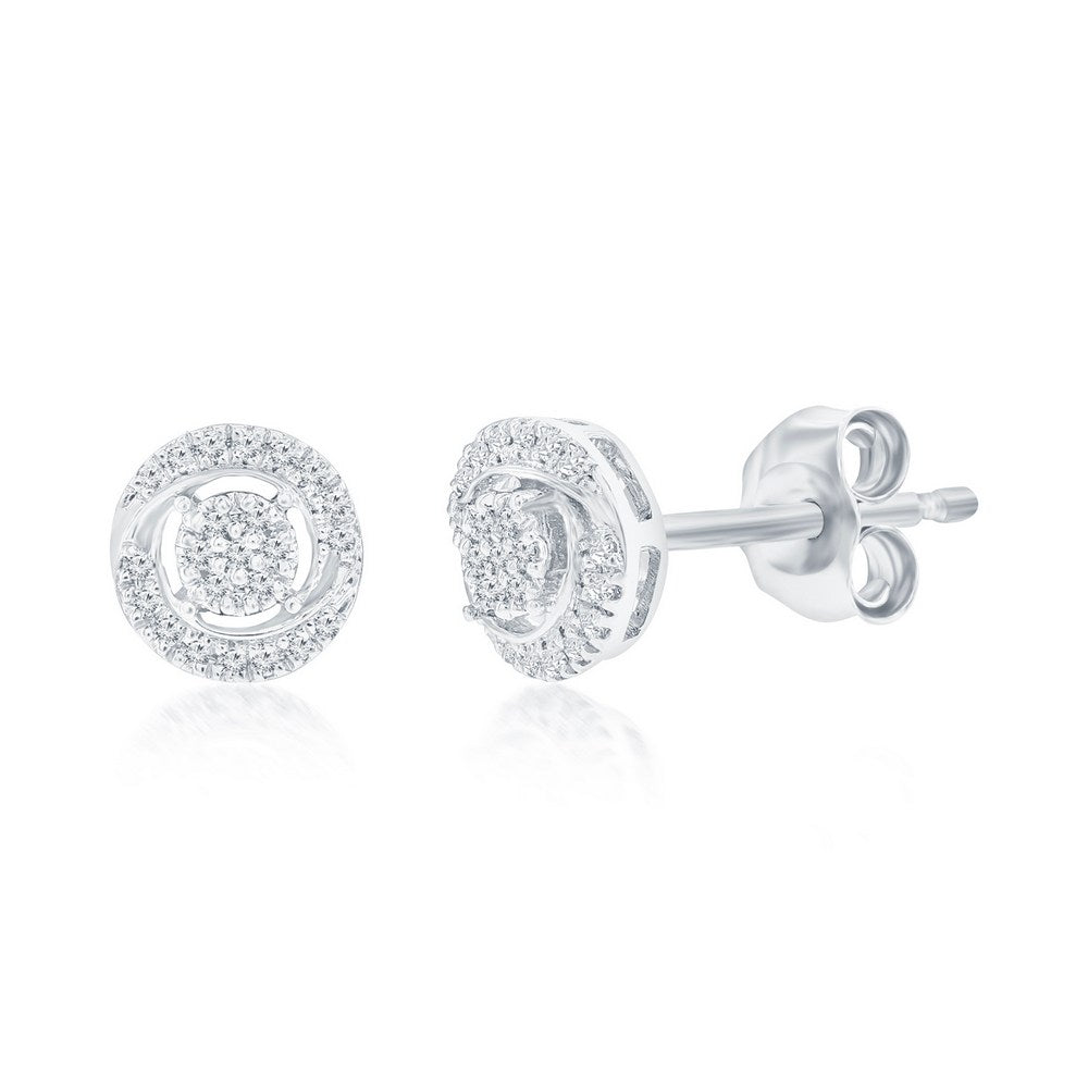 Sterling Silver Round Halo Diamond Studs - (46 Stones) Earrings