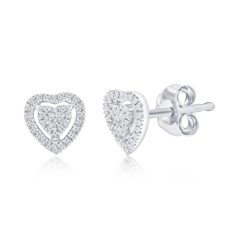 Sterling Silver Halo Heart Diamond Studs - (70 Stones) Earrings