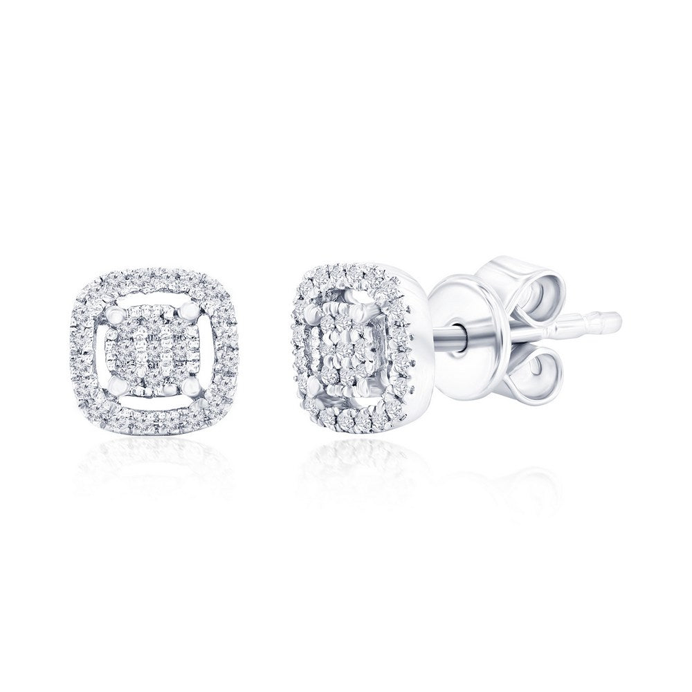 Sterling Silver, Square Halo Diamond Studs - (58 Stones) Earrings