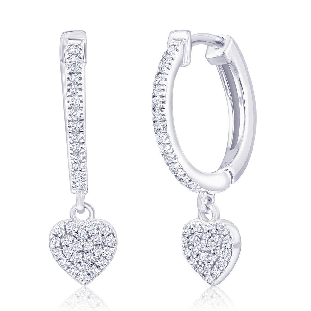 Sterling Silver, Heart Charm Diamond Huggies - (76 Stones) Earrings