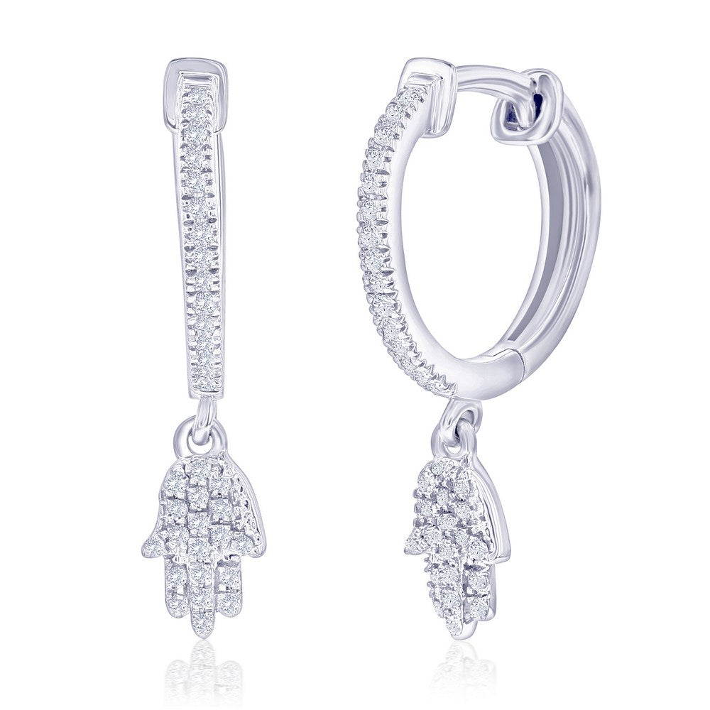 Sterling Silver, Hamsa Charm Diamond Huggies - (68 Stones) Earrings