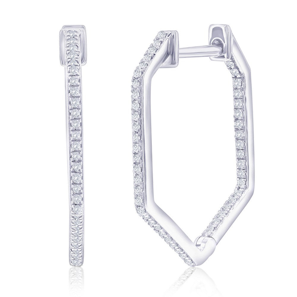 Sterling Silver, Geometric Diamond Hoop Earrings - (94 Stones) Earrings