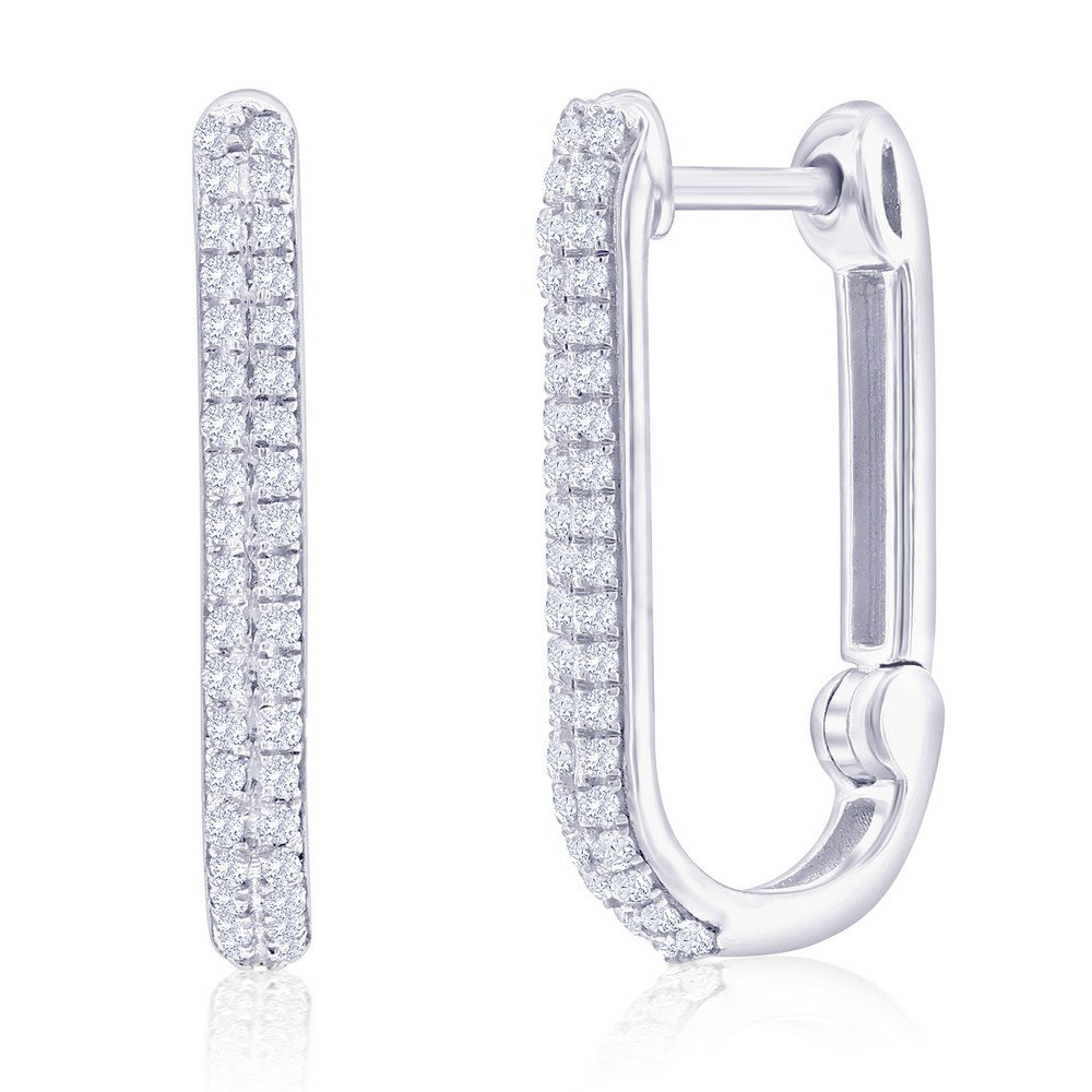 Sterling Silver, U-Shaped Diamond Hoop Earrings - (76 Stones) Earrings