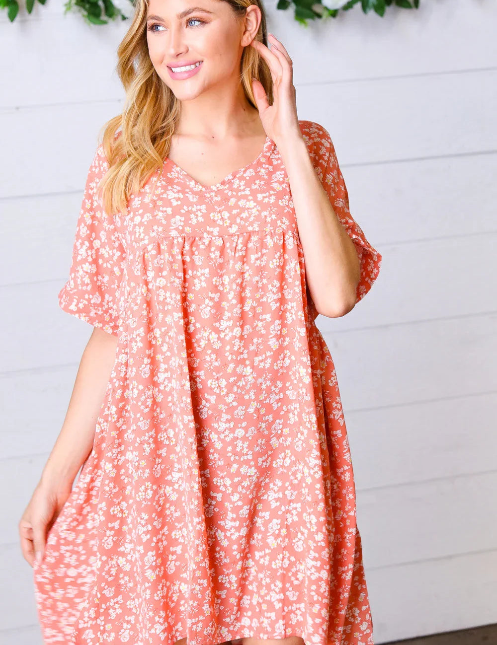 Peach Ditzy Floral Woven Dolman V Neck Dress | Daverri Fashions