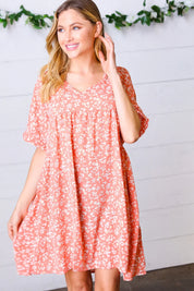 Peach Ditzy Floral Woven Dolman V Neck Dress | Daverri Fashions