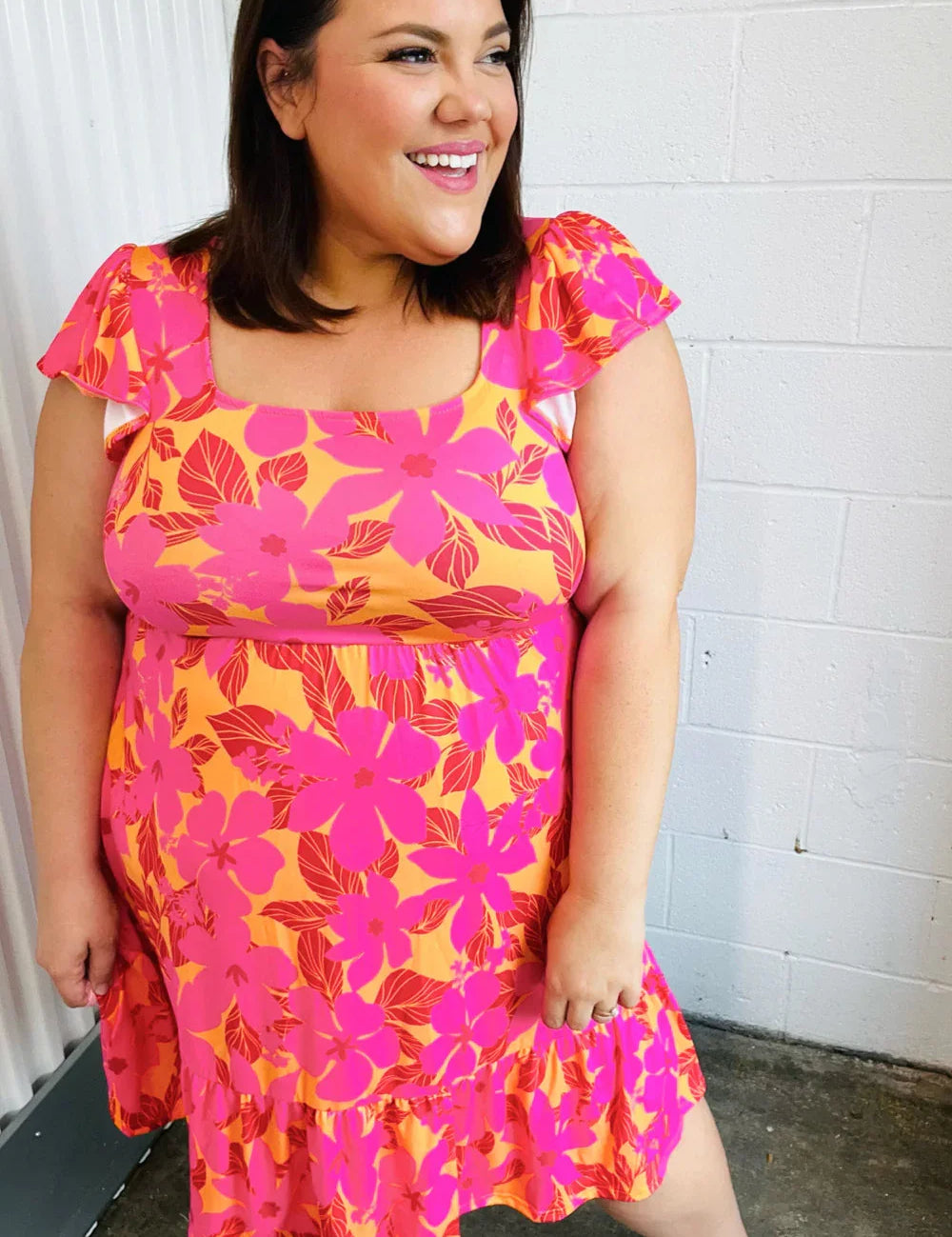 Fuchsia & Orange Tropical Floral Square Neck Dress | Daverri Fashions