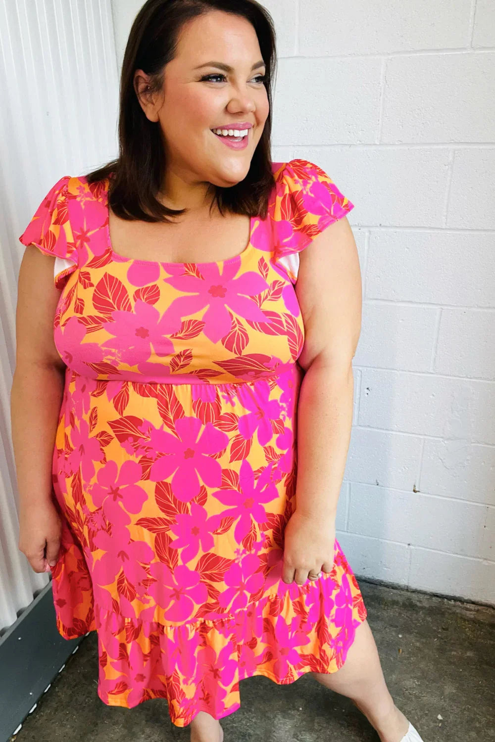 Fuchsia & Orange Tropical Floral Square Neck Dress | Daverri Fashions
