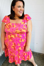 Fuchsia & Orange Tropical Floral Square Neck Dress | Daverri Fashions