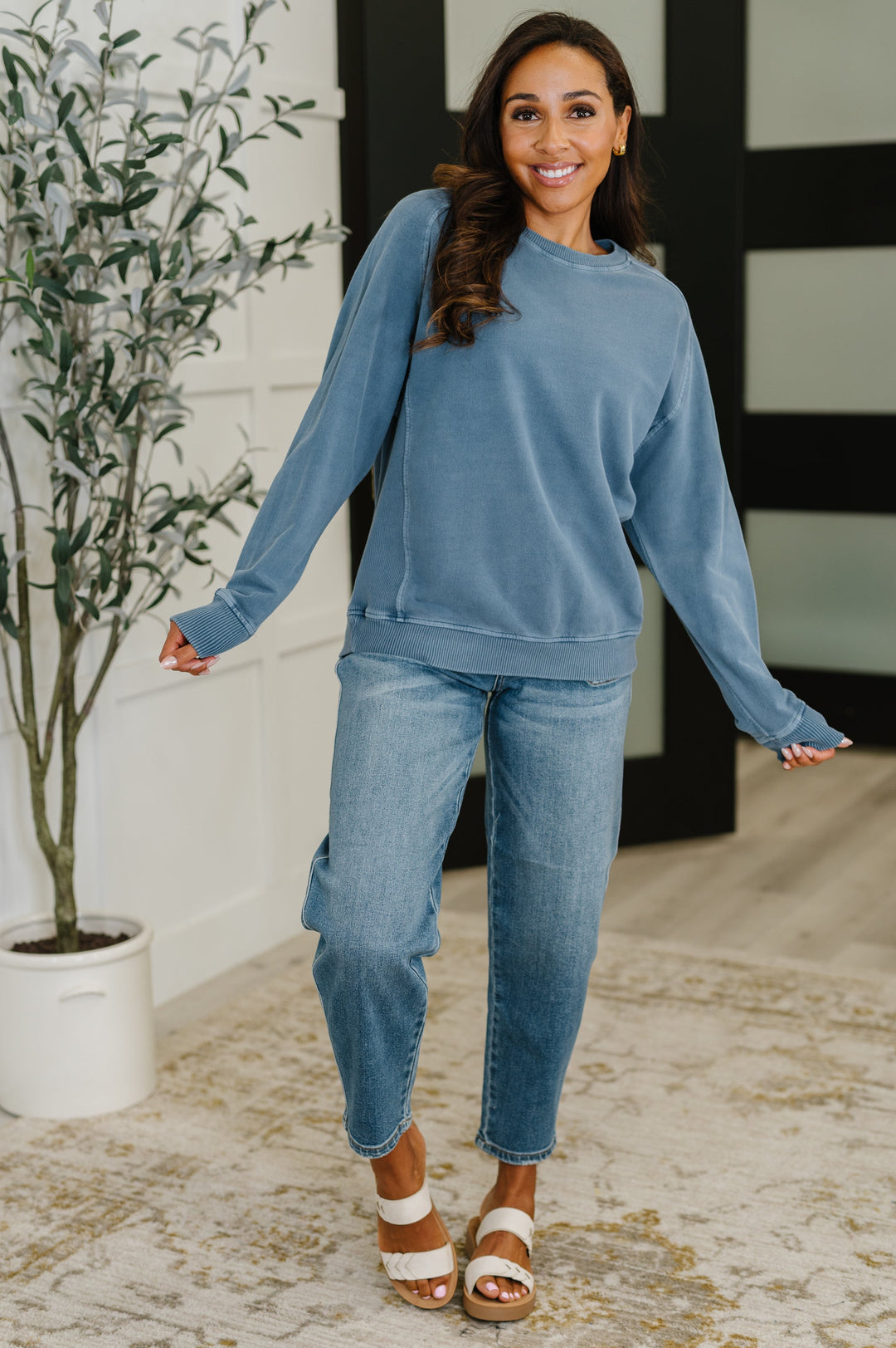 Daily Ease Mineral Wash Pullover in Dusty Blue | Womens Daverri Fashions