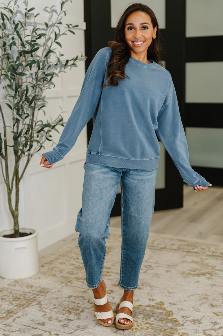 Daily Ease Mineral Wash Pullover in Dusty Blue | Womens Daverri Fashions