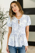 Haptics Ivory/Blue Floral Balloon Sleeve Front Tie Blouse Blouses