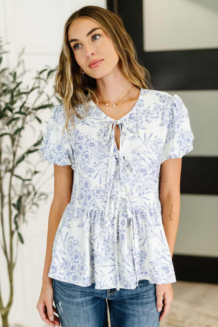 Haptics Ivory/Blue Floral Balloon Sleeve Front Tie Blouse Blouses