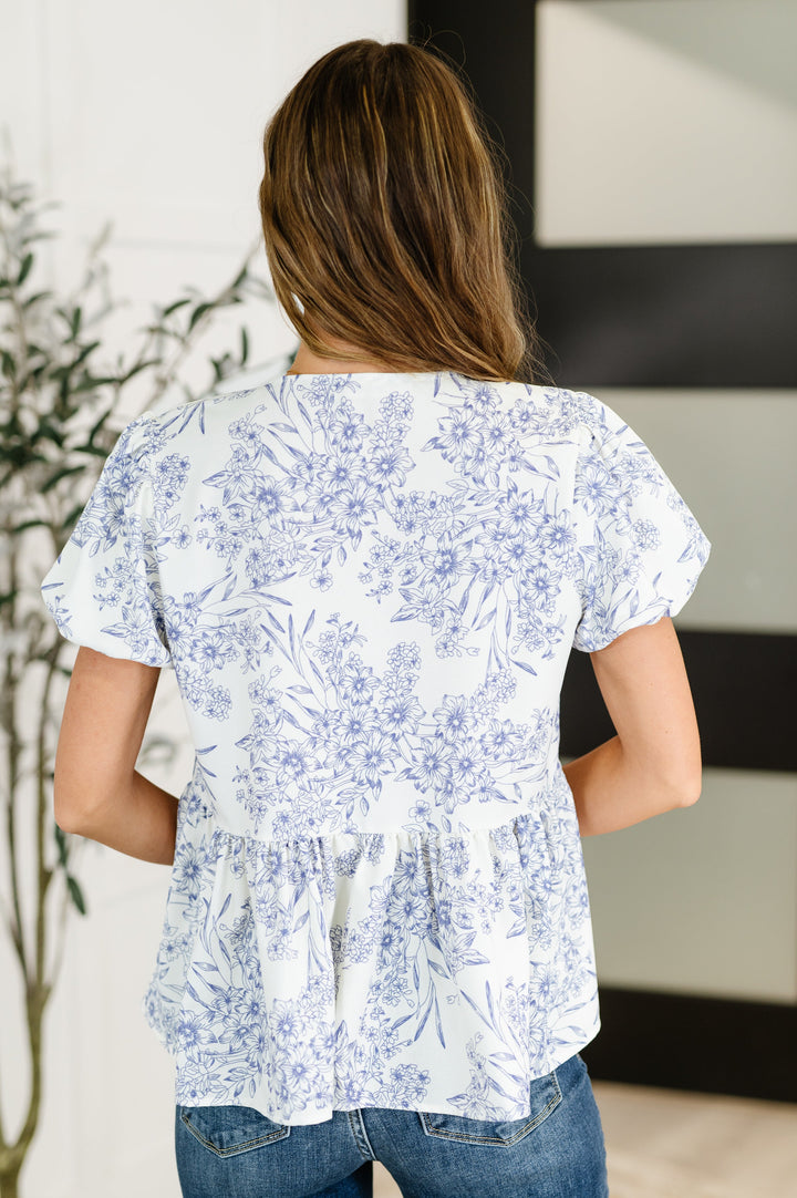 Haptics Ivory/Blue Floral Balloon Sleeve Front Tie Blouse Blouses
