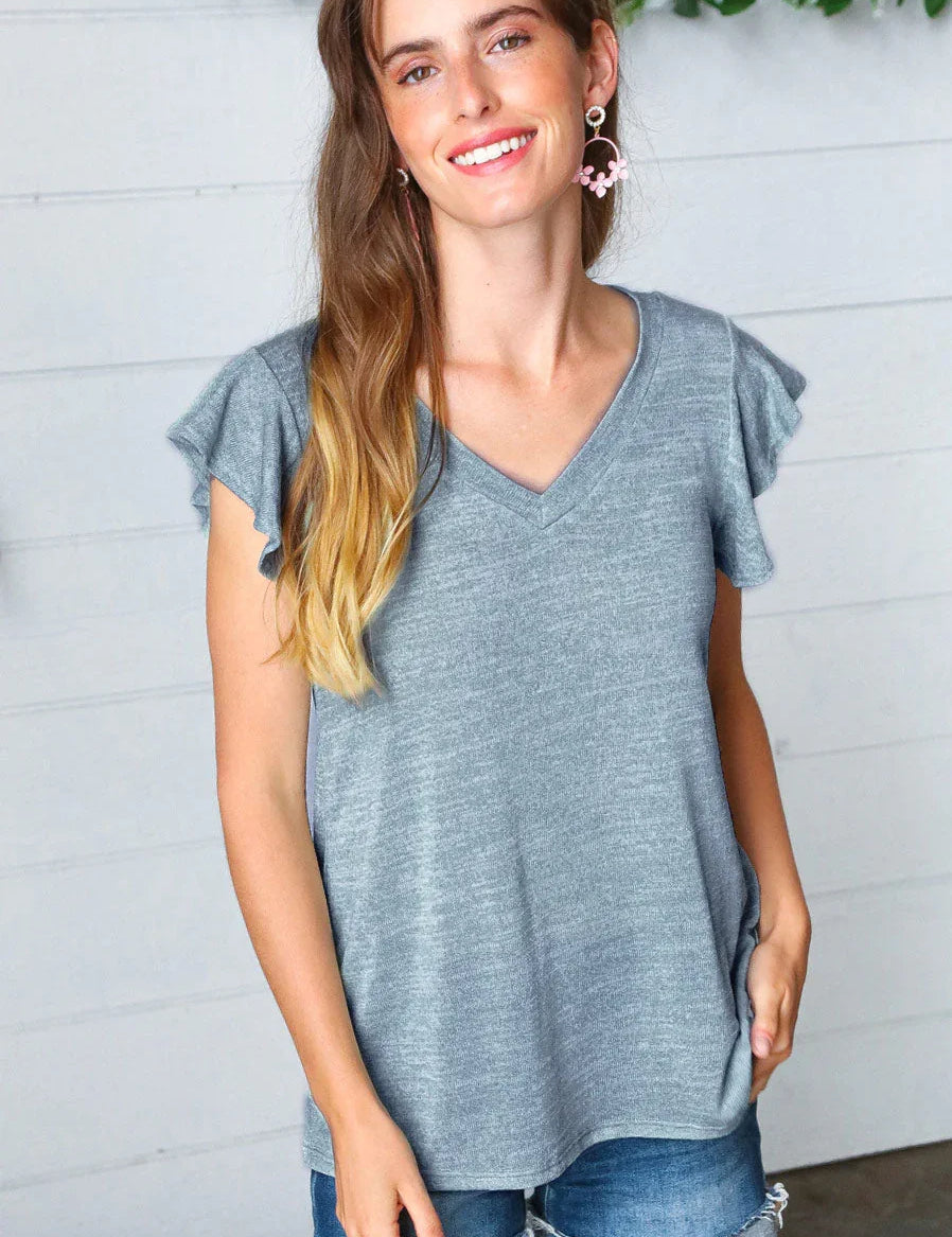 Denim Two Tone V Neck Ruffle Sleeve Top | Daverri Fashions