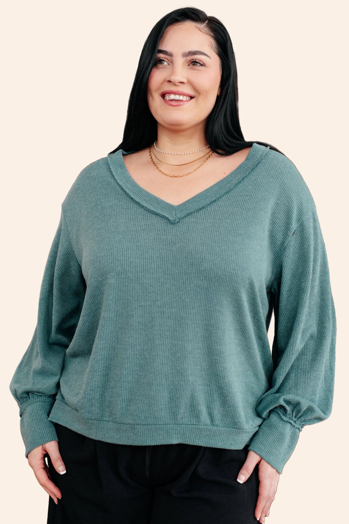 Teal ribbed knit v-neck sweater with puffed sleeves, Doesnt Compare Top