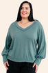 Teal ribbed knit v-neck sweater with puffed sleeves, Doesnt Compare Top