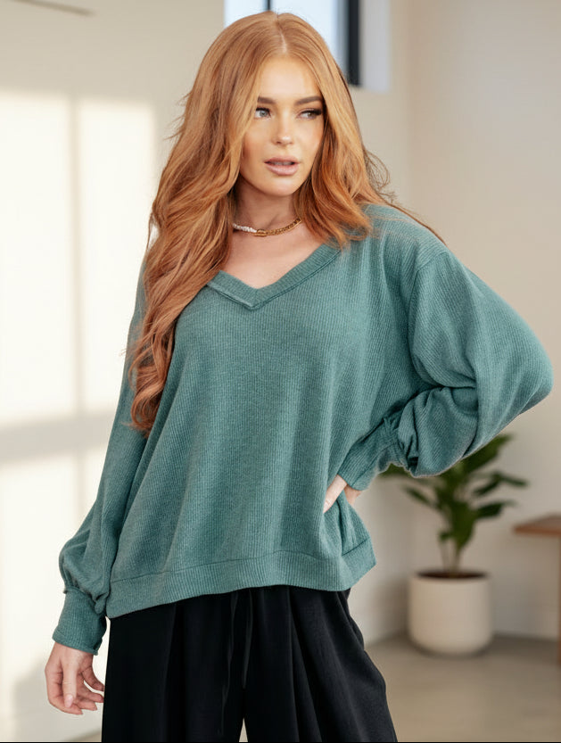 Teal ribbed knit v-neck sweater with balloon sleeves, Doesnt Compare Top