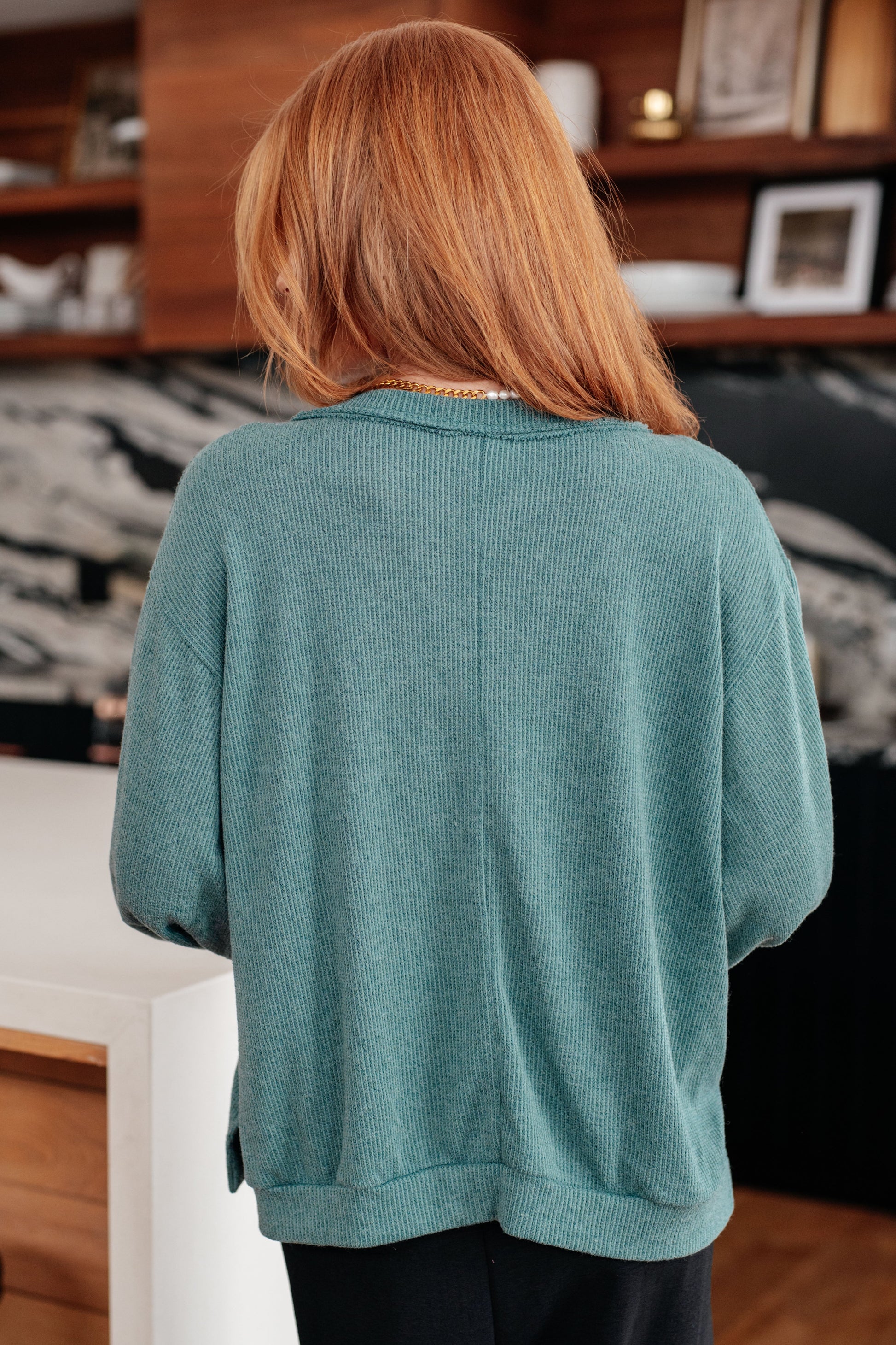 Teal ribbed knit Doesn’t Compare V-Neck cardigan with relaxed fit