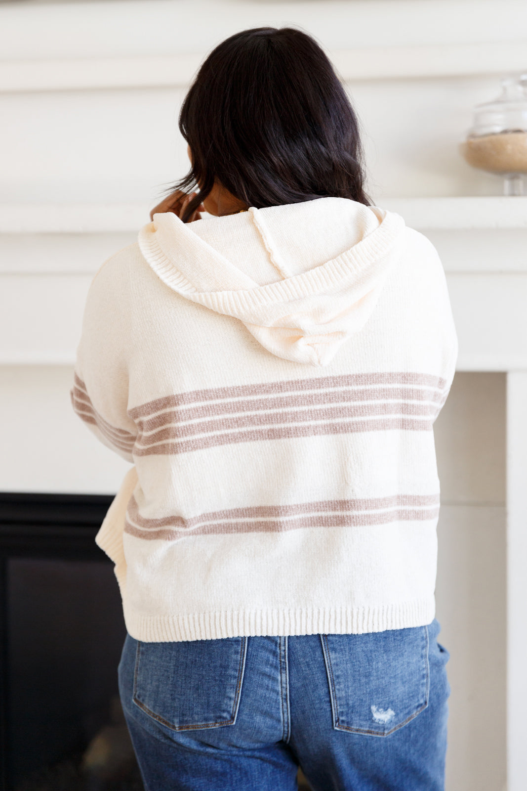 Cream-colored White Birch knit hoodie with taupe back stripes