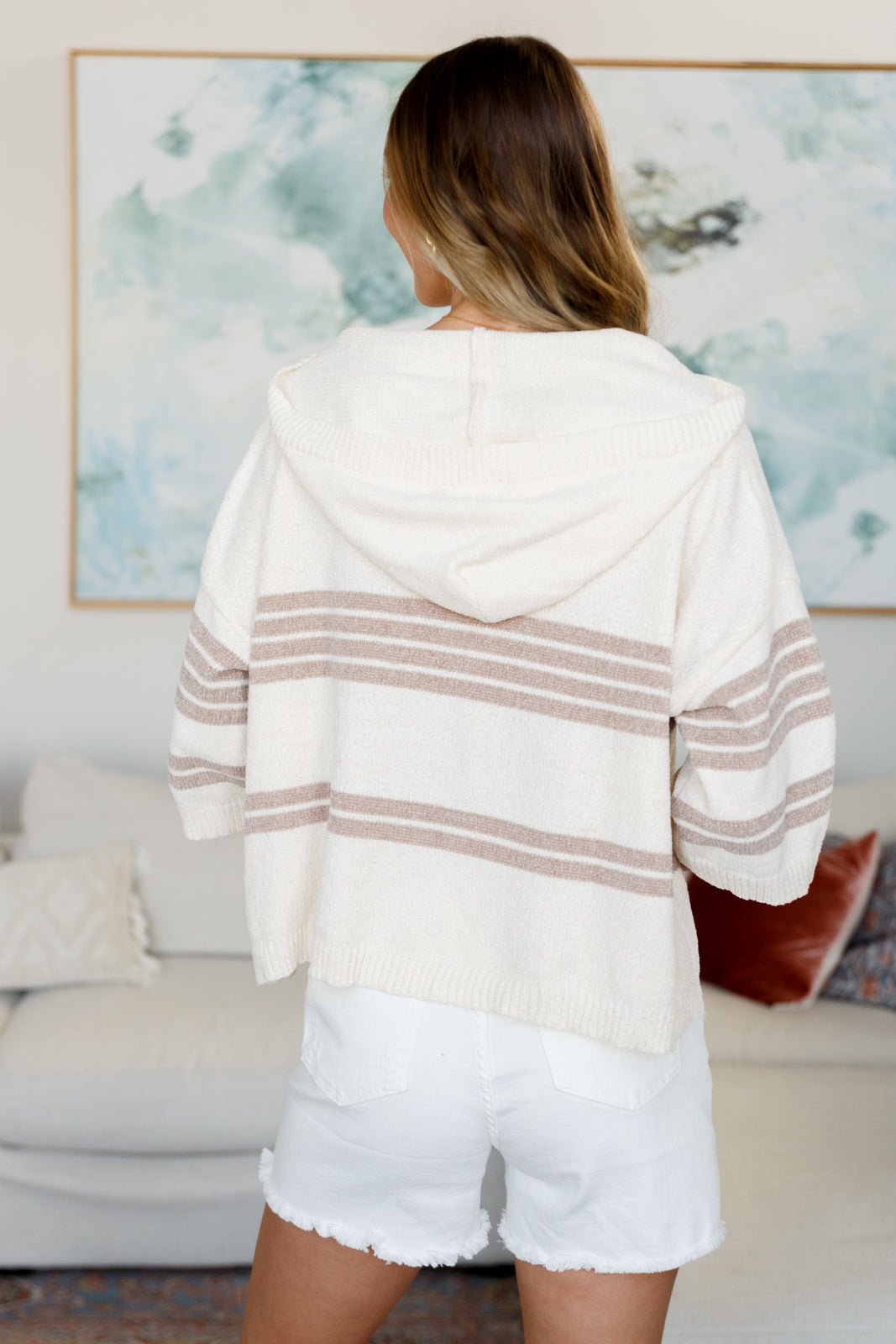 Cozy White Birch Striped Hoodie in off-white with taupe stripes