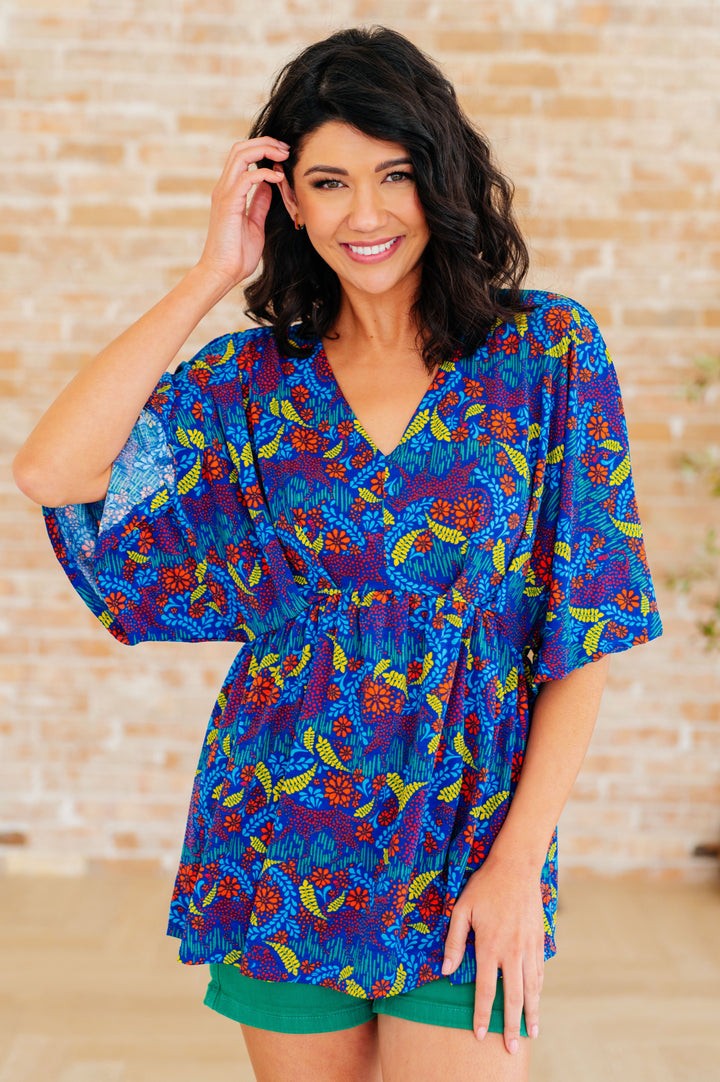 Dreamer Peplum Top in Royal and Red Abstract Tops