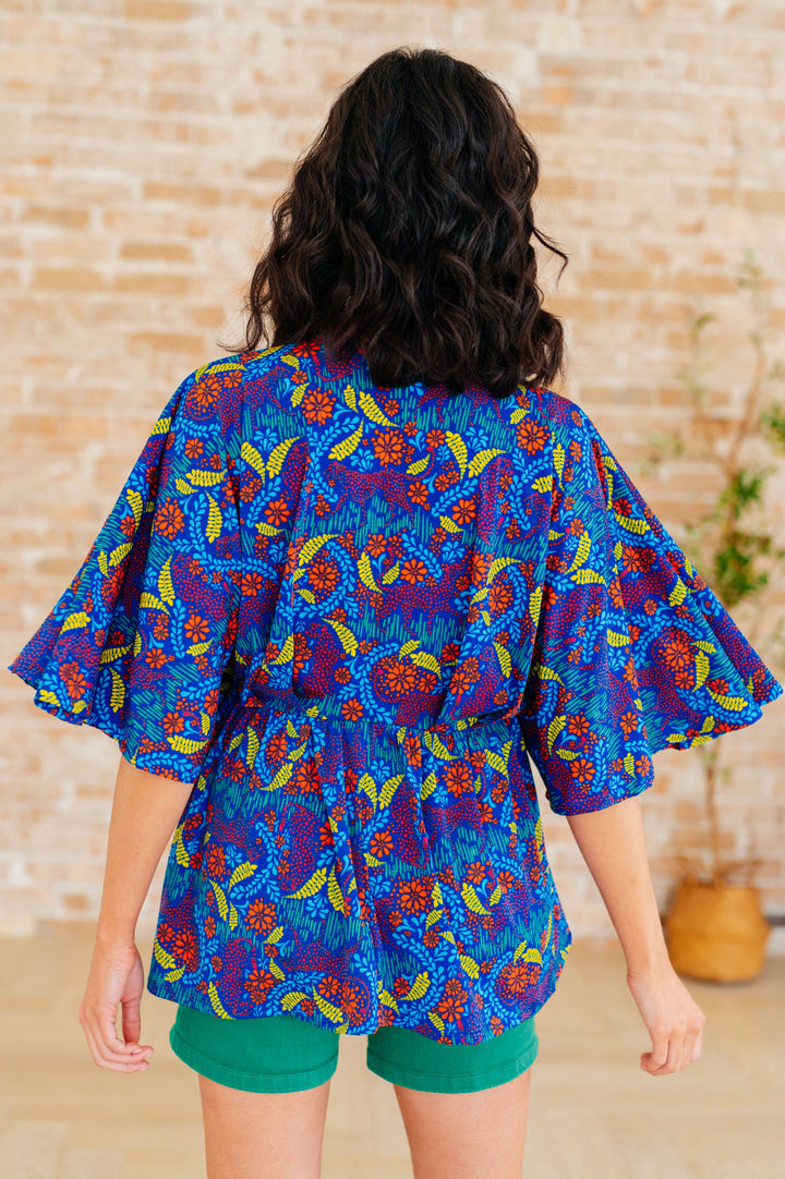 Dreamer Peplum Top in Royal and Red Abstract Tops
