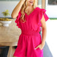 Feeling Femme' Fuchsia Smocked Waist V Neck Flutter Sleeve Romper - DAVERRI FASHIONS