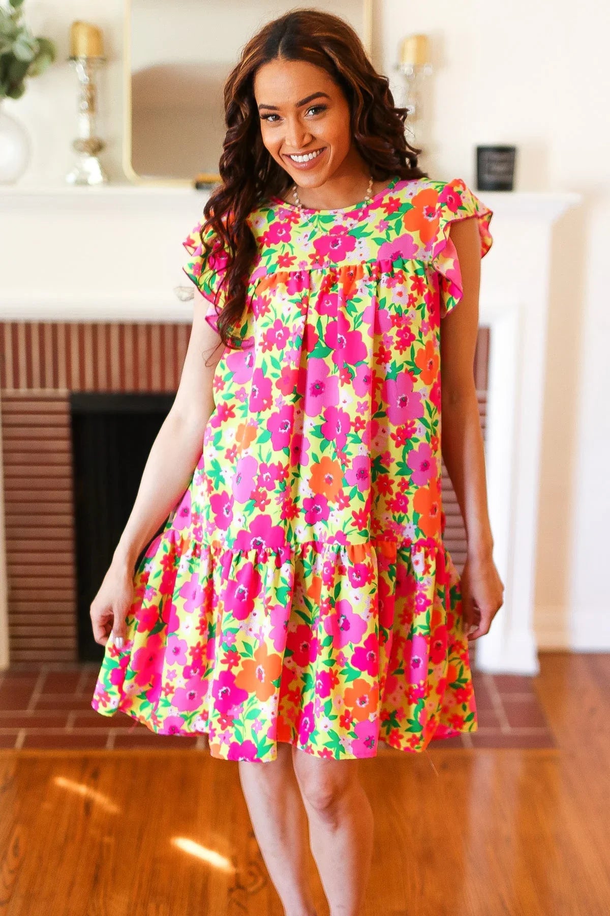Be Charming Lime & Pink Floral Print Tiered Ruffle Sleeve Dress | 2024 Summer Blow Out Sale Daverri Fashions