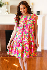 Be Charming Lime & Pink Floral Print Tiered Ruffle Sleeve Dress | 2024 Summer Blow Out Sale Daverri Fashions
