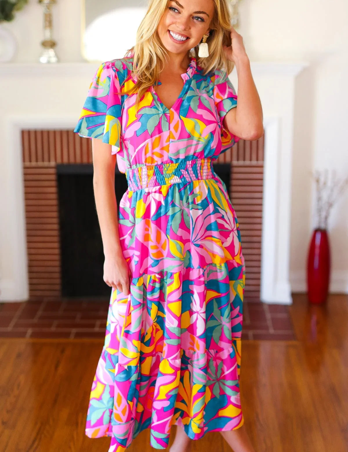 Tropical Trance Fuchsia Floral Smocked Waist Maxi Dress | Daverri Fashions