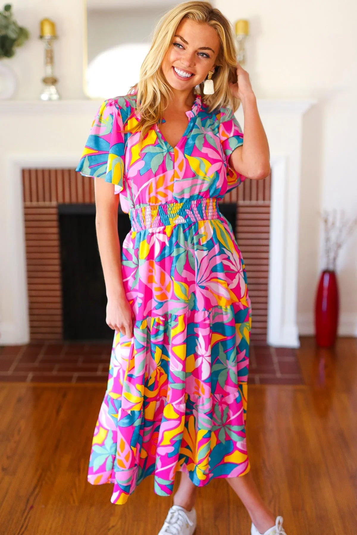 Tropical Trance Fuchsia Floral Smocked Waist Maxi Dress | Daverri Fashions