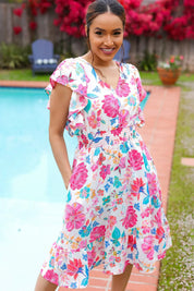 Hello Beautiful Ivory & Fuchsia Floral Sequin Smock Waist Midi Dress | Daverri Fashions