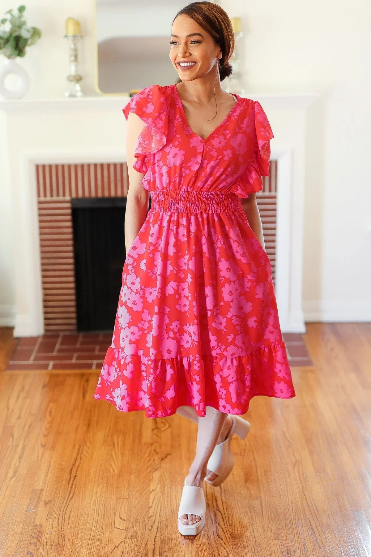 Remember Me Red & Pink Floral Print Smocked Waist Midi Dress | Daverri Fashions